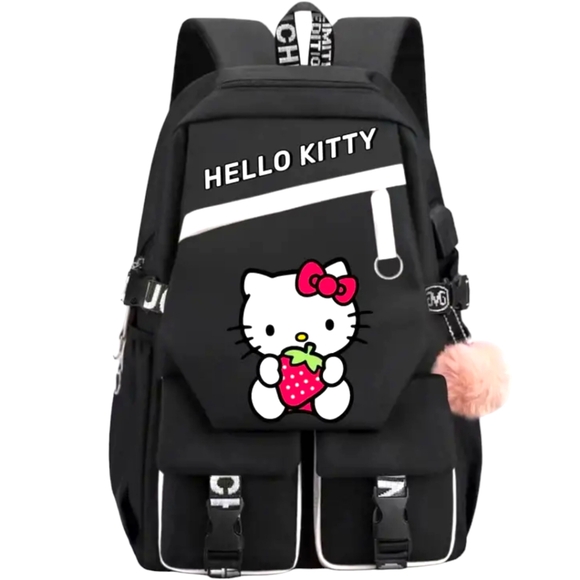 HELLO KITTY Limited Edition Black Large  Backpack W/Pink Pom Pom Keychain - Picture 2 of 8